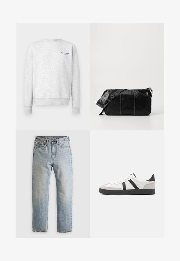 Grey sweatshirt made of soft fabric, featuring a crew neck, long sleeves, and a blue logo on the left chest. Lightweight, relaxed fit.; Light blue denim jeans with high waist, front button, zipper, and five-pocket design, laid flat on a neutral background.; White sneaker with black and gray accents, featuring a textured gray toe cap, black rubber sole, and flat white laces. Clean design, minimalist style.; Black leather shoulder bag with a zip closure, featuring a textured body, white stitching, and a strap with silver grommets.