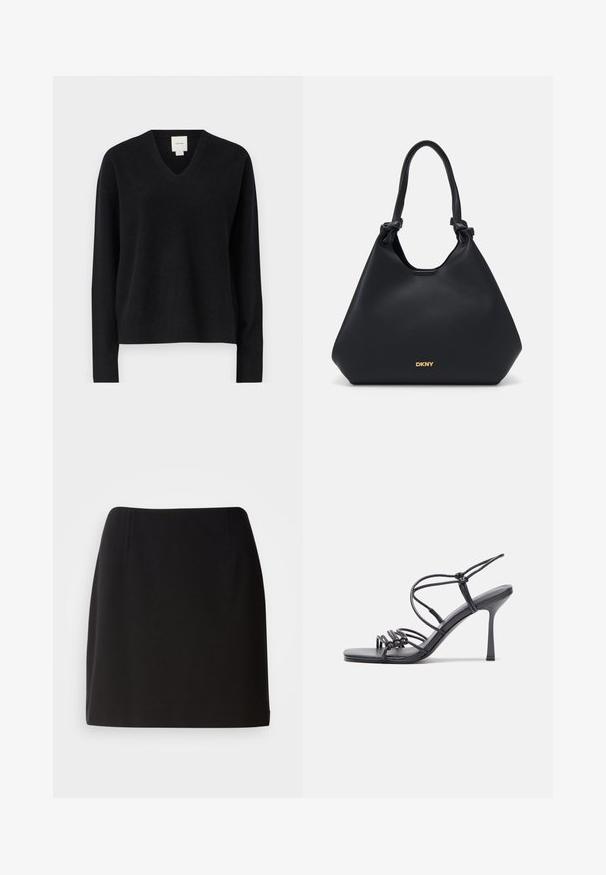 Czarny sweter z dekoltem w serek, wykonany z miękkiego materiału, z długimi rękawami i luźnym krojem. Minimalistyczny design z metką przy dekolcie.; Czarny satynowy top na halter z zebranym materiałem przy dekolcie oraz gładkim, swobodnym kroju. Prosta dolna krawędź bez widocznych wzorów ani akcentów.; Czarna spódnica o dopasowanej sylwetce, wykonana z gładkiego materiału. Posiada subtelne fałdy z przodu i długość sięgającą do połowy uda.; Czarne sandały na wysokim obcasie mają cienkie paski z węzłowym wzorem, gładki, kwadratowy czubek i smukły obcas w stylu szpilki.; Czarna skórzana torba tote o teksturowanym wykończeniu, z węzłowymi akcentami na uchwytach i złotym logo na podstawie. Charakteryzuje się luźną sylwetką.
