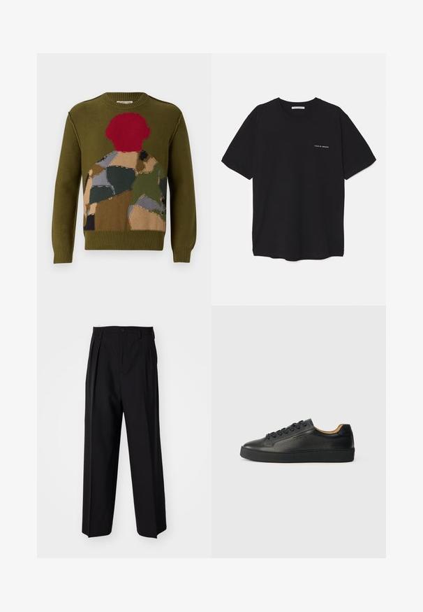 Oliņzaļš adīts džemperis ar daudzkrāsainu lauztu dizainu, kurā ir sarkanie, brūnie un pelēkie akcenti. Klasisks apaļš kakls un riboti piedurkņu gali.; Melnas kokvilnas T-krekls ar apaļu kaklu, īsām piedurknēm un baltu logotipa uzdruku kreisajā krūtī. Vienkāršs, vienkrāsains dizains.; Melnas plisētās bikses ar taisnu, plata kāja dizainu. Izgatavotas no gludas auduma, ar pogu aizdari un jostas cilpiņām.; Melnas zemas ādas sporta kurpes ar teksturētu virsmu, melniem šņorēm un biezu gumijas zoli, attēlotas no sāna uz gaiša fona.