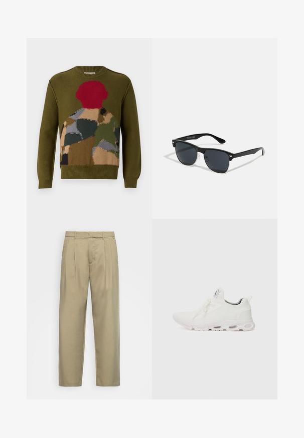 Olive green knitted sweater featuring a multicolored patchwork design with red, brown, and gray accents. Classic crew neck and ribbed cuffs.; Beige, high-waisted trousers with a straight cut, featuring a flat front, side pockets, and a smooth, textured fabric.; White athletic shoes featuring a textured knit upper, flat laces, and a cushioned sole with visible air chambers for added support.; Black sunglasses with a rectangular shape, dark lenses, silver accents at the temples, and a matte finish on the frame.