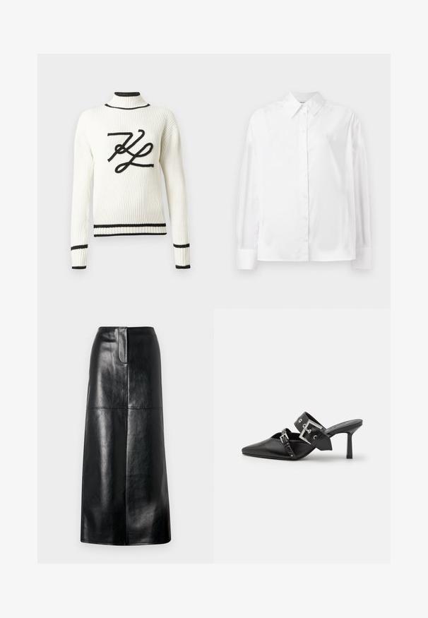 Valge soonikkoes kampsun, mille ees on musta tikandiga logo. Kampsunil on kõrge kaelus ning varruka- ja allääre ääres mustad ääred.; Valge pikka varrukat nuppude jaotuse särk, mis on valmistatud siledast puuvillasegust. Omab klassikalist krae, ees nuppude sulgemist ja ümarate mansettidega.; Musta nahkne midi seelik, millel on sile pind, sirge lõige ja õrn sära. Omab lihtsat vöökohta ja nähtavaid metallosade puudumist.; Mustad mustad kõrged kontsad, terava toe ja siledast nahast. Omab laia pahkluu rihma ruudukujulise hõbedase klambri ja nurgakujuliste naeltega.