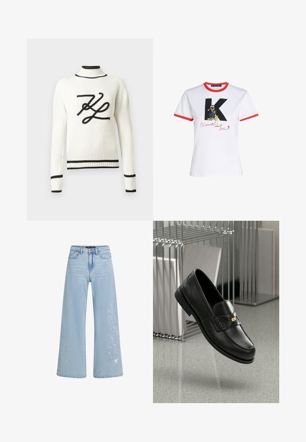 Maglione bianco a coste con un logo nero ricamato sul davanti. Presenta un collo alto e rifiniture nere su polsini e orlo.; T-shirt bianco in cotone con collo e orli delle maniche rossi. Presenta una grafica nera con la "K" e Paperino con una firma rossa.; Jeans a gamba larga di colore blu chiaro in denim, con la scritta cucita "Donald e Daisy" sulla gamba sinistra. Presentano un classico design a cinque tasche e passanti per la cintura.; Mocassini in pelle nera con una finitura liscia, caratterizzati da una fascia decorativa e un piccolo accento dorato. La suola è piatta con una punta arrotondata.