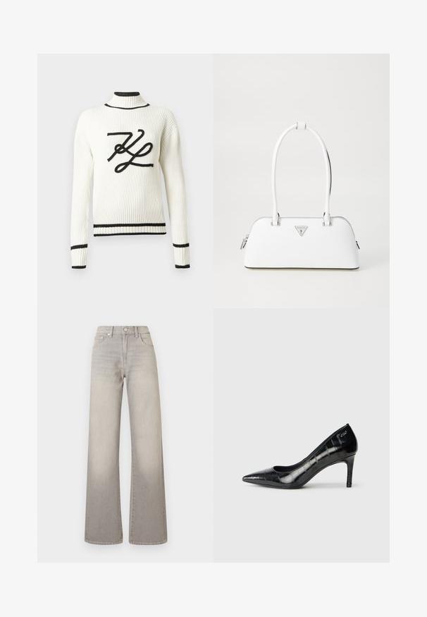 Witte geribbelde trui met een zwart geborduurd logo aan de voorkant. Heeft een hoge hals en zwarte biezen langs de manchetten en zoom.; Grijze wijde jeans met een vervaagde afwerking, knoopsluiting, vijfzakkenontwerp en gestikte details langs de naden.; Zwarte puntige hoge hakken met een glanzende afwerking en een subtiel textuurpatroon. Beschikt over een gematigde hak en een open halsontwerp.; Witte leren handtas met een gebogen vorm, voorzien van een zilveren driehoekig logo en ritssluiting. Gladde textuur en dubbele handvaten.