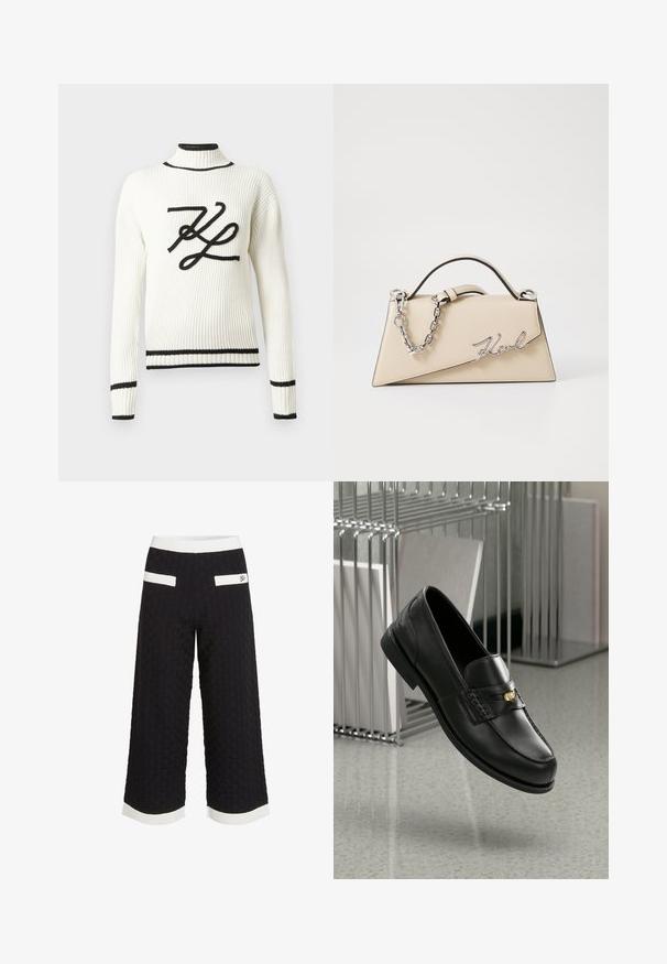Balta ribota džemperis ar melnu izšūtu logotipu priekšpusē. Tam ir augsts kakls un melnas apdares apdares aprocēs un apakšmalā.; Melni aukstāki bikses ar teksturētu, austo rakstu. Iezīmēti ar baltām akcenta svītrām jostasvietā un apakšmalā, kā arī divām aizmugures kabatām.; Melnas ādas loafer kurpes ar gludu apdari, kurām ir dekoratīvs bands un neliela zelta akcenta detaļa. Zole ir plakana ar noapaļotu pirkstu.; Bežs ādas roku soma ar strukturētu, trīsstūrveida formu, piedāvā sudraba ķēdes rokturi un kursīva metāla logotipu.