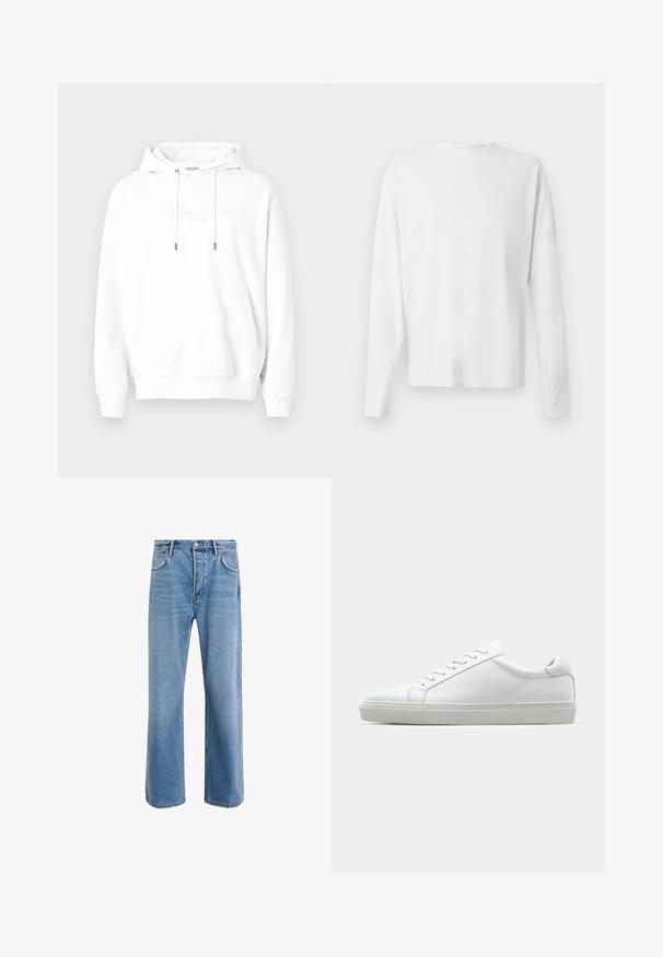 Bela jopa iz mehkega blaga z žepom kenguru spredaj, kapuco z vrvico in izbočenim logotipom na prsih. Preprost dizajn.; Bela bombažna srajca z dolgimi rokavi in okroglo ovratnikom, z bočnimi razporki na dnu in gladko teksturo, prikazana s hrbtne strani.; Svetlo modre denim kavbojke s ravno nogavico, petimi žepi, z gumbom za zapiranje, minimalnim zbledelostjo in kontrastnimi šivi.; Bela športna obutev z gladkim usnjenim zgornjim delom in nizkim profilom. Ima zaokrožen nos, šest lukenj za vezalke in teksturiran gumijast podplat.