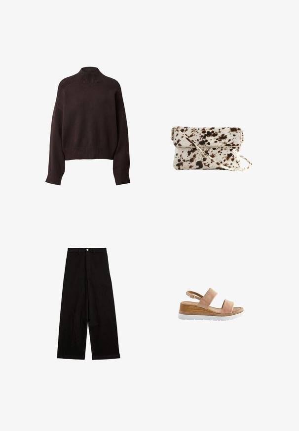 Dunkelbrauner Pullover mit hohem Kragen, gerippten Bündchen und verkürztem Saum. Weiches Material mit einem lässigen Schnitt und subtilen Schulternähten.; Schwarze weit geschnittene Hose aus Baumwolle. Mit einem Taillenbund, vorderer Knopfverschluss und ohne auffällige Muster oder Akzente.; Helle rosa Leder Sandale mit zwei breiten Riemen, verstellbarem Knöchelverschluss, Holzakzent und weißer Gummisohle mit strukturiertem Finish.; Kuhfell-Handtasche mit einer cremefarbenen Basis und dunkelbraunen Flecken, rechteckiger Form, umklappbarem Deckel und abnehmbarem Schultergurt.