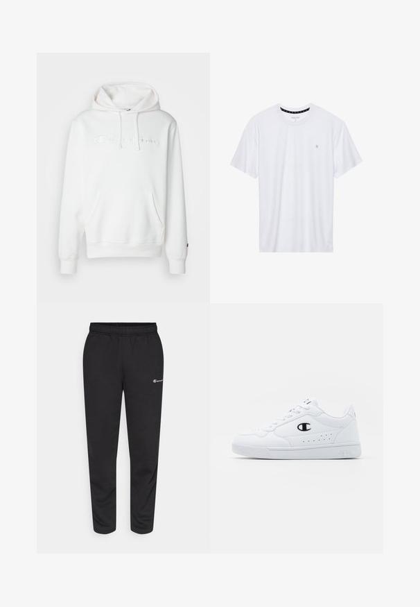 White pullover hoodie made of soft fabric. Features a front pocket, drawstring hood, and embroidered "Champion" logo. Cuffs are ribbed.; White crewneck t-shirt made of cotton, featuring short sleeves and a small logo embroidered on the left chest area. Soft texture.; Black sweatpants made of cotton blend, featuring an elastic waistband and a small white logo on the left side. Tapered leg design.; White athletic sneakers with a smooth synthetic upper, black logo accent, and perforated detailing on the side. Rubber sole.