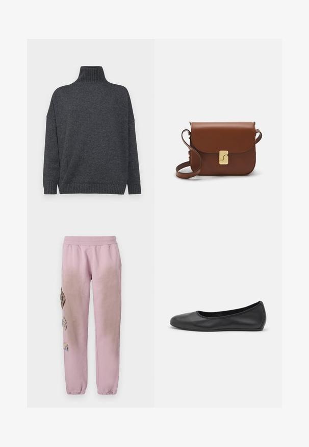 WEEKEND MaxMara BORGIA - Džemper - grigio scuro; Valge lühikeste varrukatega T-särk ribatud kangast. Ümara kaelusega, tavalisest sobivusest ja peente õmbluse detailidega. Ilma mustrite või graafikateta.; Roosa spordipüksid elastse paelaga vööl, millel on vasakul küljel dekoratiivsed rombikujulised plaastrid ja elastsed mansetid pahkluude juures.; Musthave mustika tantsutossud mustast nahast, ümmarguse varbaga, siledast tekstuurist, minimaalse õmblusdetailiga ja paindliku tallakujundusega.; Pruunist nahast käekott, millel on klapiga sulgur, kuldne riistvara, õlarihm ja sile tekstuur. Kompaktne ristkülikukujuline vorm.