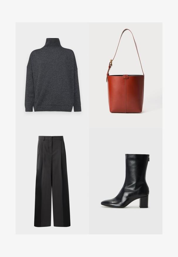 WEEKEND MaxMara BORGIA - Jersey de punto - grigio scuro; Pantalones de pierna ancha negros con cintura alta, que presentan pliegues en la parte delantera, una textura suave y un acabado a medida. Diseñados para un ajuste relajado.; Bota de cuero negro hasta el tobillo con punta afilada y tacón de bloque de 4 cm. Su diseño elegante incluye una cremallera lateral para facilitar su uso. Textura suave.; Bolso de cuero marrón tipo cubo con correa para el hombro ajustable y hebilla dorada, con un simple detalle de costura vertical en la parte frontal.