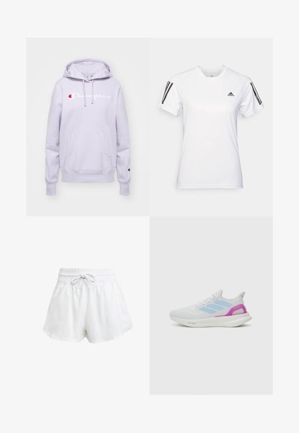 Felpa con cappuccio di colore viola chiaro, dotata di tasca frontale, logo "Champion" ricamato in bianco e rosso, polsini e orlo a coste.; Maglietta sportiva bianca realizzata in un tessuto leggero e liscio. Presenta dettagli neri a tre strisce sulle spalle e un piccolo logo nero sul petto.; Pantaloni sportivi bianchi con cintura elastica e cordino regolabile. Realizzati in materiale leggero, presentano tasche laterali e una vestibilità ampia.; adidas Performance PUREBOOST 5 - Scarpe da corsa su strada - white/glow blue/purple burst