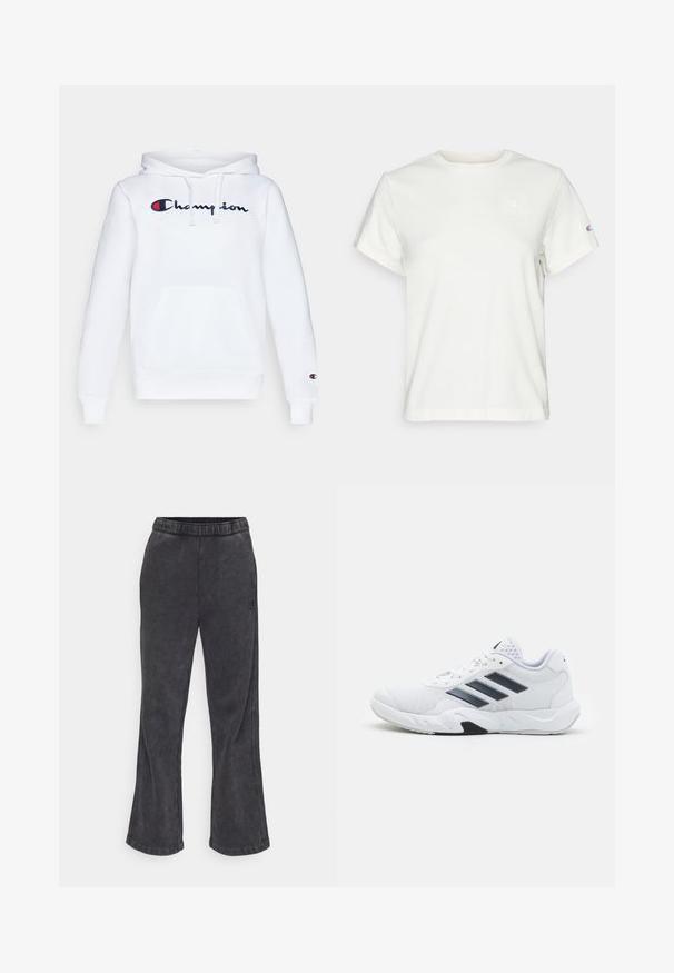 Balta džemperis ar kapuci, priekšējā kangaroo kabata, un izsistā "Champion" logo jūras zilā un sarkanā krāsā uz krūtīm.; Balta īsām piedurknēm kokvilnas T-kreklā ar apaļu kakla izgriezumu un mazu logotipu augšējā kreisajā krūtīs. Mīksta tekstūra un standarta izmērs.; Melnos pelēkās flared treniņbikses ar mīkstu tekstūru. Ievērojama elastīga jostām un izšūts logo sānos.; Baltā sporta apavi ar sietu augšdaļu, trīs melnām svītrām sānos, teksturētām akcentiem un izturīgu gumijas zoli ar kontrastējošu melnu daļu.