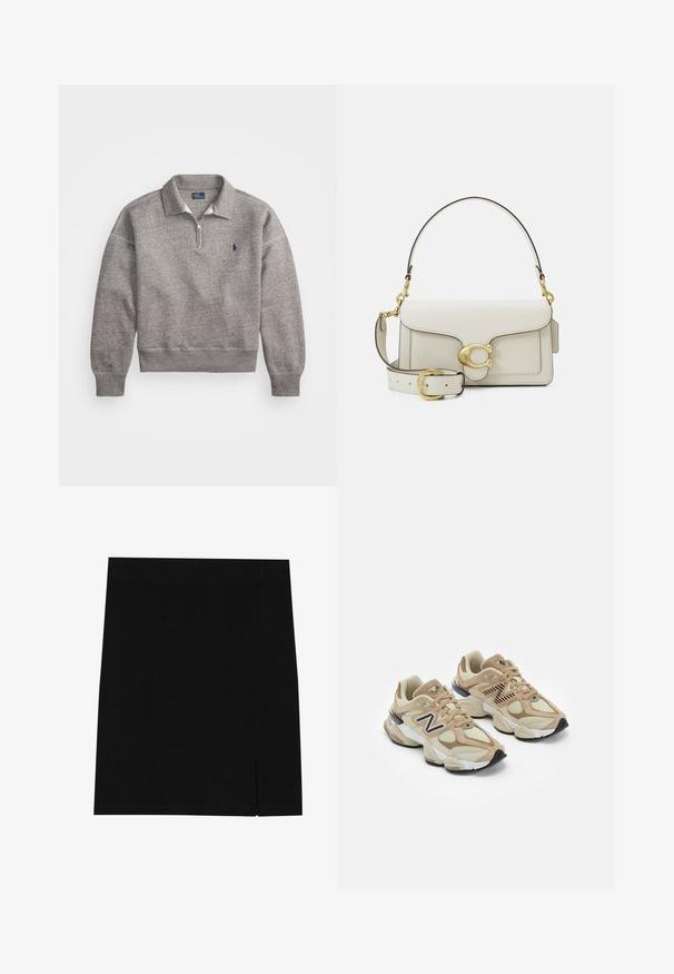 Pelēks džemperis ar pusi rāvējslēdzēju, ribotām piedurknēm un mazu izšūtu logotipu uz krūtīm. Mīksta kokvilnas maisījuma audums.; Garā piedurkņu balta krekls, kas izgatavots no kokvilnas, ar pogājamu priekšpusi, klasisku apkakli un noapaļotu apakšmalu, ar brīvu piegriezumu un bez rakstiem.; Melna mini svārku izgatavota no mīksta auduma ar pieguļošu dizainu, kurai sānos ir neliela šķirba papildu detaļām.; Beigās sporta kedas ar acu un zamša materiāliem. Iekļauj melnu logotipu un teksturētus akcentus. Resna balta starppēda un melna gumijas zole.; Balta ādas rokassoma ar zelta detaļām, tai ir aizdare ar atloku un noņemams, regulējams plecu siksna. Apaļa metāla akcenta detaļa centrā.