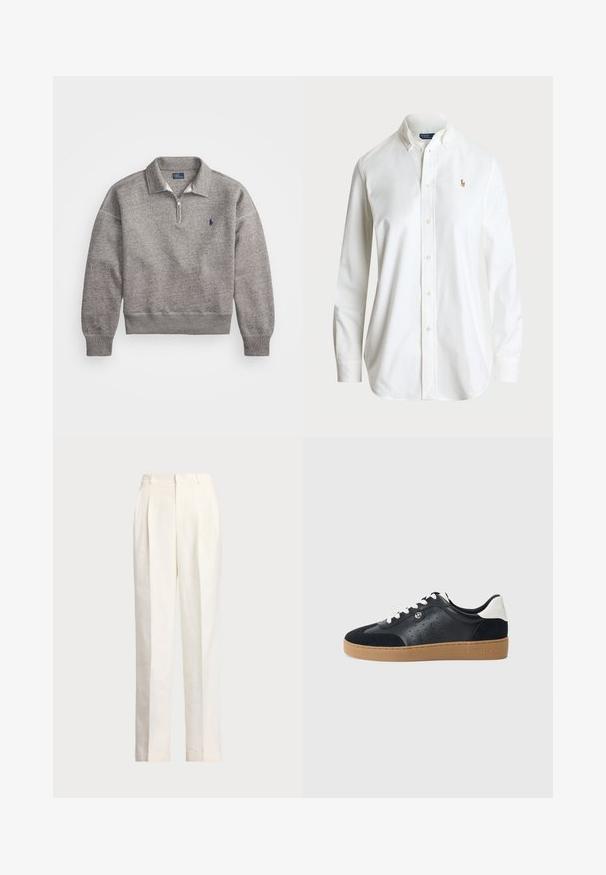 Sweatshirt cinza com gola de meio fecho, punhos canelados e um pequeno logótipo bordado no peito. Tecido macio em mistura de algodão.; Camisa branca com colarinho clássico, mangas longas e um logo bordado discreto no peito. Feita em tecido de algodão de qualidade.; Polo Ralph Lauren HEMP WIDE LEG PANT - Calças - nevis; Sapatilhas de couro preto e camurça com sola de borracha castanha-clara. Apresenta atacadores brancos e pequenos furos nas laterais. Logótipo da Michael Kors presente.