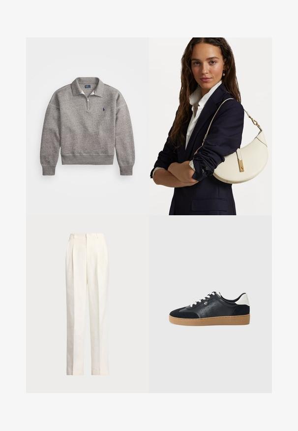 Sweatshirt cinza com gola de meio fecho, punhos canelados e um pequeno logótipo bordado no peito. Tecido macio em mistura de algodão.; Polo Ralph Lauren HEMP WIDE LEG PANT - Calças - nevis; Sapatilhas de couro preto e camurça com sola de borracha castanha-clara. Apresenta atacadores brancos e pequenos furos nas laterais. Logótipo da Michael Kors presente.; Bolsa de mão de couro branco com forma curva, material dourado e acabamento texturizado, usada sobre um blazer escuro e uma camisa branca.