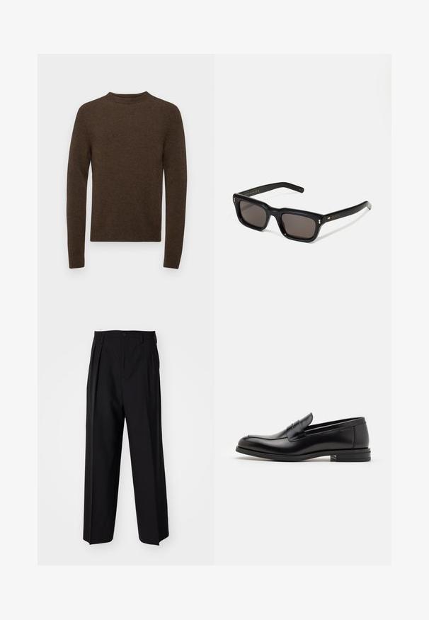 Filippa K SWEATER - Jersey de punto - driftwood; Pantalones negros plisados con un diseño recto y de pierna ancha. Fabricados en una tela suave, presentan un cierre de botón y trabillas para el cinturón.; Mocasines de cuero negro con una textura suave, puntera redondeada y una tira decorativa en el empeine. Tacón bajo apilado, diseño minimalista.; Gafas de sol rectangulares negras con lentes oscuros, marco de plástico grueso, acentos dorados en las patillas y logotipo de la marca grabado en el brazo.