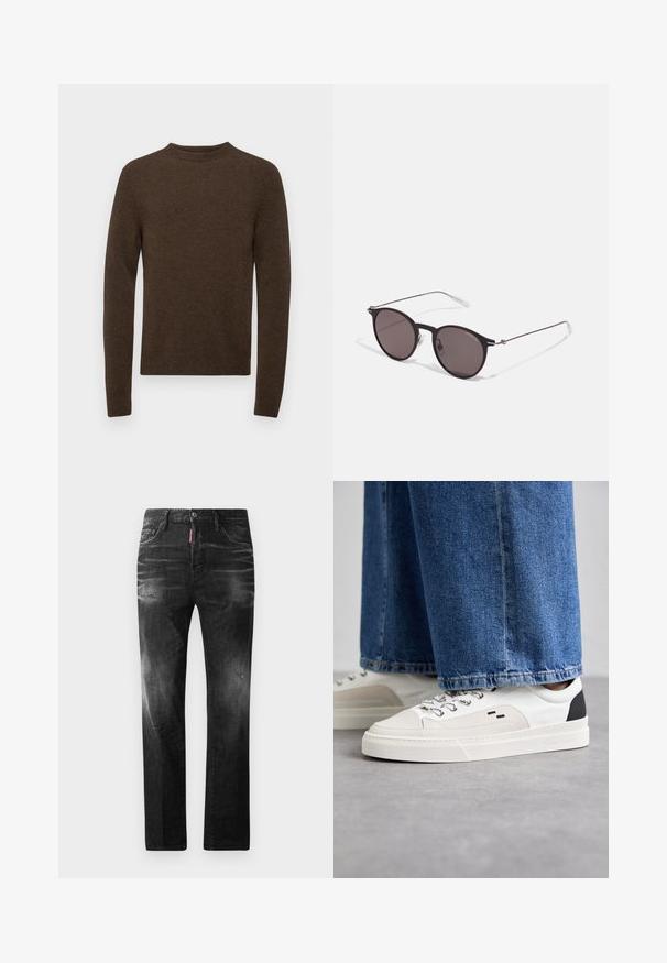 Filippa K SWEATER - Džemper - driftwood; Mustad denim püksid otse lõikega. Omavad kulunud piirkondi, väikseid kahjustusi, klassikalist viit taskut ning nööpkinnitust.; Valged ja mustad spordijalatsid sileda nahkpealise, tekstuursete aktsentidega ja paksu valge tallaga. Omab klassikalist nööbistamise disaini.; Mustad mustad prillid tumedate läätsedega ja õhukeste metallist käepidemetega. Kaarja kujuga seljaosa ja hõbedased aktsendid hingel. Minimalistlik disain.