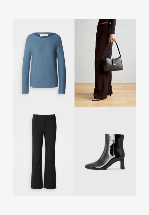 Marc O'Polo LONGSLEEVE BOAT NECK - Jumper - hazy blue; Black cotton blend trousers with a straight-leg design, front button closure, and two side pockets. Smooth texture, no visible patterns.; Black patent leather ankle boot with a pointed toe and a mid-height block heel. Smooth texture and minimalist design.; Black handbag with structured shape, smooth texture, and a metallic clasp. Paired with wide black pants and open-toe sandals on wooden floor.