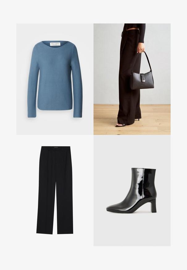 Marc O'Polo LONGSLEEVE BOAT NECK - Camisola - hazy blue; Calças pretas com um design de perna reta, apresentando dois bolsos frontais e um cós. Feitas de um tecido leve e suave.; Botim de tornozelo em pele sintética preta com bico apontado e salto bloco de altura média. Textura suave e design minimalista.; Bolsa preta com forma estruturada, textura suave e um fecho metálico. Combinada com calças largas pretas e sandálias de salto aberto sobre um chão de madeira.