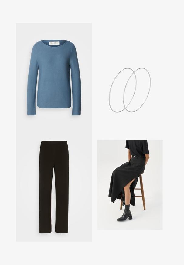 Marc O'Polo LONGSLEEVE BOAT NECK - Jumper - hazy blue; Black, straight-leg trousers made of woven fabric, featuring a flat front, two side pockets, and a smooth texture. No visible patterns or accents.; Black linen maxi skirt with a high slit, worn with a black t-shirt and black ankle boots. Minimalistic design with a relaxed fit.; Silver hoop earrings with a minimalist design. Circular shape, smooth texture, and thin profile. Lightweight with a polished finish.