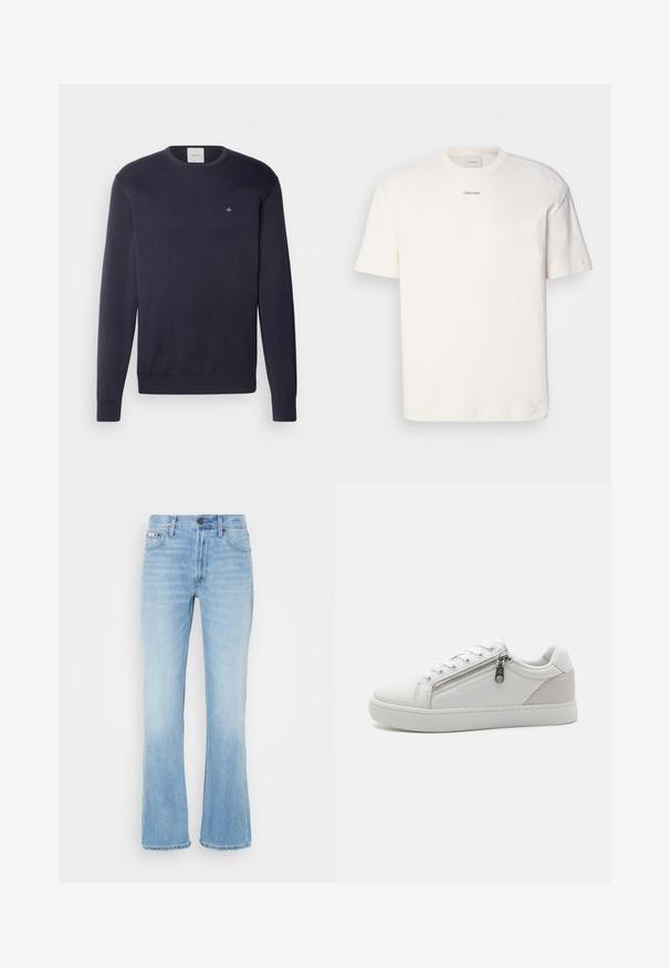 Námořnicky modrý pletený svetr s dlouhými rukávy, kulatým výstřihem a malým bílým logem na hrudi. Hladká textura a žebrované manžety a lem.; Bílá bavlněná tričko s kulatým výstřihem, krátkými rukávy a vyšitým logem "Calvin Klein" na prostředku hrudi. Jednoduchý design.; Světlé modré riflové zvonové džíny s opotřebovaným vzhledem, pěti kapsami, poutky na pásek a knoflíkovým zapínáním v pase.; Bílé tenisky vyrobené z hladké kožené materiálu, s kontrastním béžovým semišovým akcentem na patě a detailem zipu na boku.