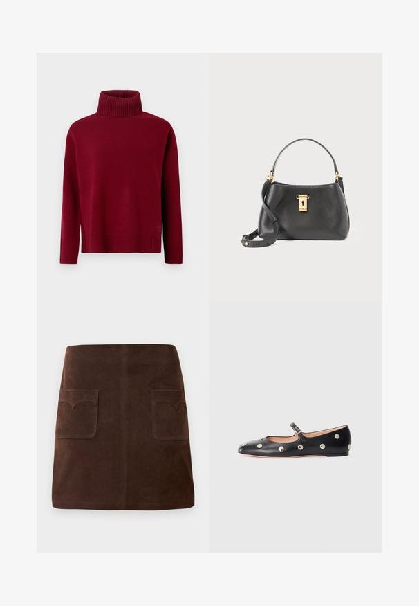 Crvena dolčevita s rebrastim ovratnikom i manžetama. Mekana pletačka tekstura, opušteni kroj, bočne proreze na rubu. Minimalni branding detalj na dnu.; Smeđa suknja od antilopa s klasičnim A-linijom, dva prednja džepa s zaobljenim poklopcima i suptilnim detaljima šivanja.; Crne kožne Mary Jane balerinke s zaobljenim vrhom, koje sadrže srebrne kružne zakovice i podesivu traku s kopčom.; Crna kožna torbica s teksturiranim završetkom, s zlatnom bravicom, kratkom drškom i uklonjivim remenom za rame.
