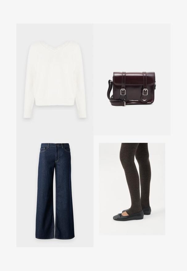 Maglione bianco a maglia con scollo a V e bordo in pizzo. Presenta maniche lunghe, polsini a costine e un orlo leggermente accorciato. Tessuto morbido e lavorato.; Jeans a gamba larga in denim blu scuro. Presentano cuciture a contrasto, cinque tasche e una chiusura con bottone in vita. Texture morbida.; Scarpe nere a flat con un piccolo fiocco sulla punta, abbinate a collant a coste marrone scuro. Le scarpe hanno una texture liscia e un profilo basso.; Borsa a tracolla in pelle verniciata bordeaux con forma rettangolare, due manici, accessori in argento e chiusura a patta.