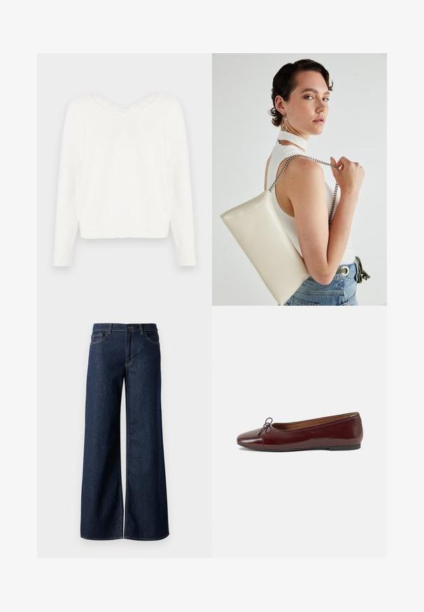 Maglione bianco a maglia con scollo a V e bordo in pizzo. Presenta maniche lunghe, polsini a costine e un orlo leggermente accorciato. Tessuto morbido e lavorato.; Jeans a gamba larga in denim blu scuro. Presentano cuciture a contrasto, cinque tasche e una chiusura con bottone in vita. Texture morbida.; Ballerine in pelle verniciata bordeaux con punta arrotondata, piccolo fiocco decorativo sulla parte anteriore e suola bassa in gomma nera. Texture liscia.; Borsa a pochette rettangolare bianca realizzata in materiale lucido, con una tracolla in catena argentata. Il modello posa, mostrando la borsa su uno sfondo semplice.