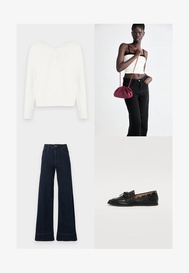 Fehér kötött pulóver V nyakkivágással és csipke díszítéssel. Hosszú ujjakkal, bordázott mandzsettákkal és enyhén rövidített szegéllyel rendelkezik. Puha, texturált anyag.; Sötétkék, bőszárú farmernadrág magas derékkal, elülső zsebekkel és látható varrásokkal. Simaságú denim szövetből készült.; Fekete bőr lófarok cipők, megkötött masnival, arany szemcsés díszítéssel az oldalán és lapos gumitalppal. Simaság, klasszikus dizájn.; Burgundy puha anyagú kézitáska, ráncolt dizájnnal és hosszú pánttal, keresztben hordva. A modellen fehér rövid top és fekete farmer van.