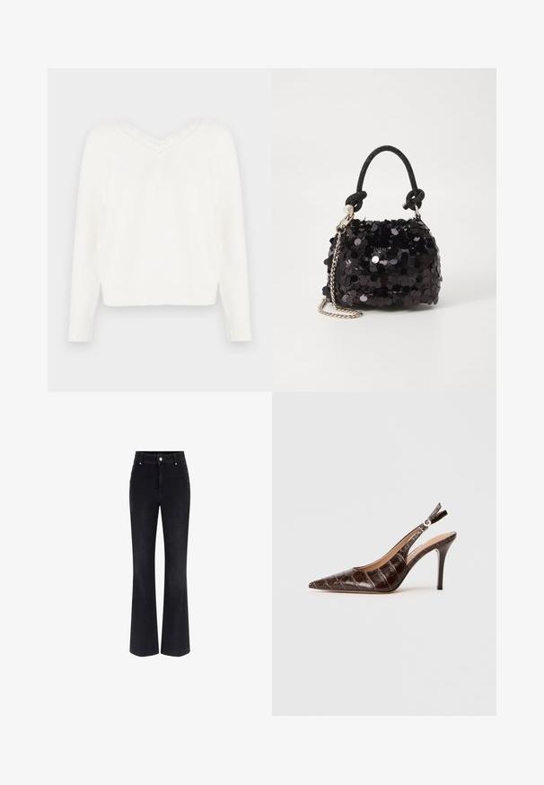 Witte gebreide trui met een v-hals en kantafwerking. Heeft lange mouwen, ribgebreide manchetten en een licht cropped zoom. Zachte, gestructureerde stof.; Zwarte denim flare jeans met een hoge taille, een vijf-pocket ontwerp en metallic knoopaccenten aan de zijkanten. Glad textuur en klassieke pasvorm.; Bruine, krokodillen-embossed leren slingback pump met een puntige neus, open zijkanten en een dunne hoge hak. Ontworpen met een gespsluiting.; Zwarte pailletten mini handtas met een geknoopte textuurriem en zilveren ketting. Rondvormig met een geplooide bovenkant en reflecterende details.