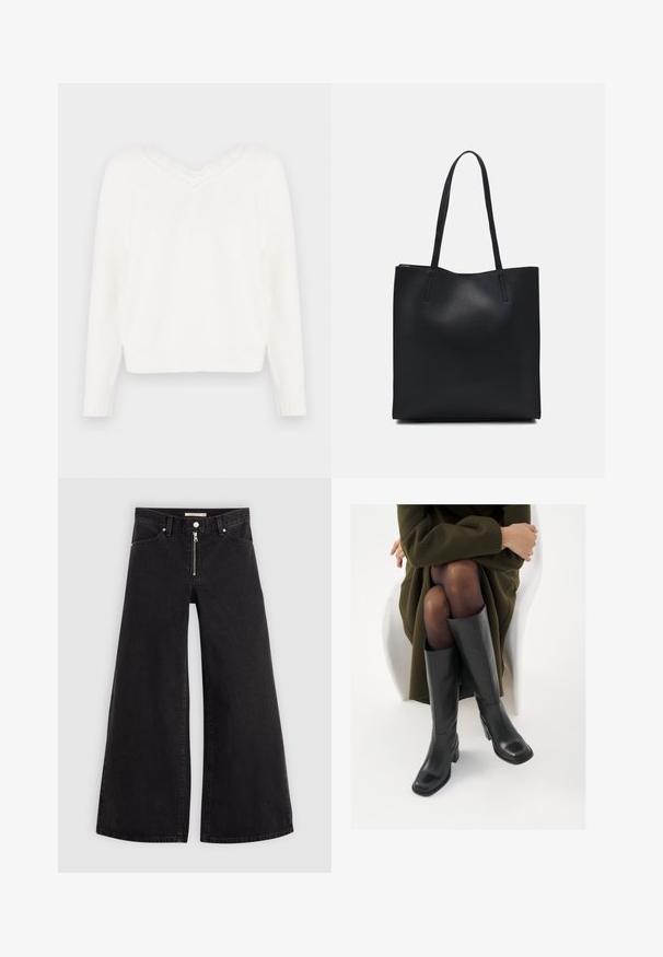 Bílý pletený svetr s véčkovým výstřihem a krajkovým lemem. Má dlouhé rukávy, žebrované manžety a mírně zkrácený spodní lem. Měkká, strukturovaná tkanina.; Džíny s širokými nohavicemi v černém denimovém provedení se zipem vpředu, pěti kapsami a jemnými švy. Hladká textura a ležérní styl.; Černé kožené boty po kolena s hranatou špičkou a blokovým podpatkem, předvedené na modelce sedící v olivově zeleném kabátu. Hladký povrch, minimalizované detaily.; Černá kožená taška přes rameno s hladkým povrchem, obdélníkovým tvarem a dvěma dlouhými uchy. Žádné viditelné kování ani ozdoby.