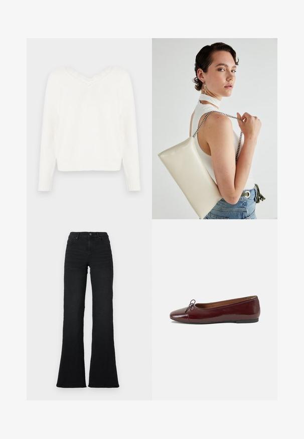 Suéter branco de malha com decote em V e acabamento em renda. Apresenta mangas longas, punhos canelados e uma barra ligeiramente curta. Tecido macio e texturizado.; Jeans pretos de cintura alta, em forma de sino, com bolsos frontais, passantes para cinto e fecho de botão, sobre um fundo branco.; Bailarinas em couro sintético borgonha com bico redondo, pequeno laço na frente e sola baixa em borracha preta. Textura suave.; Bolsa de mão retangular branca, feita de material brilhante, com uma alça em corrente prateada. Modelo posa, exibindo a bolsa contra um fundo simples.