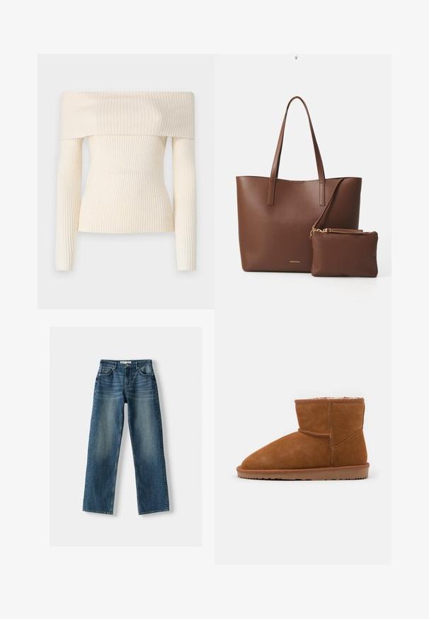 Ihottuista neulottu ribbineulepusero vaaleassa värissä. Ominaisuuksiin kuuluu pitkät hihat ja istuva siluetti, joka esittelee pehmeää tekstuuria ja hienovaraista kiiltoa.; Kaksi olkaimettomaa toppia: toinen on ruskean ja kermanvärisen abstraktin eläinkuosin, kun taas toinen on täysin musta. Molemmat ovat pehmeää kangasta.; Siniset farkut, joissa on suora lahje, nappikiinnitys, viisi taskua ja haalistuneita alueita. Materiaali vaikuttaa tukevasti rakennetulta ja teksturoidulta.; Ruskea mokkanahkainen nilkkaboots, jossa on pyöreä kärki ja pehmeä vuori, varustettuna tasaisella kumipohjalla ja minimoiduilla ompeluyksityiskohdilla.; Ruskea tekonahkainen olkalaukku, jossa on kaksi pitkää kahvaa ja yhteensopiva pieni pussi. Pinnassa on teksturoitu kuvio ja kultaiset yksityiskohdat.