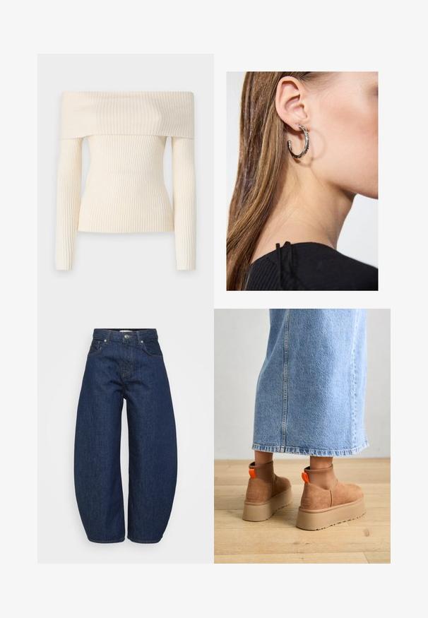 Oficialiai nusmukęs, siauras megztinis iš kremiškos spalvos. Turi ilgas rankoves ir prigludusią siluetą, pabrėžiančią švelnų tekstūrą ir subtilų blizgesį.; Aukštai juosmens tamsiai mėlynos džinsinės kelnės su plačiomis kojomis, priekyje esančiu mygtuku ir užtrauktuku, bei klasikine penkių kišenių išvaizda.; Rudos zomšiniai platforminiai batai su elastingomis šoniniais panirais ir oranžinėmis kilpomis, derinami su kelio ilgio šviesių džinsų sijonu ant medinių grindų.; Sidabrinė lankinė auskarai su poliruotu paviršiumi, turintys mažus auksinius akcentus ir apvalią formą, dėvimi ant ausies kaušelio.