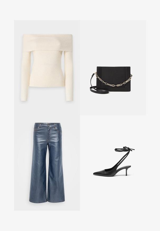 Pulover brez naramnic, rebrast pletenina v kremni barvi. Ima dolge rokave in oprijet silhueto, ki prikazuje mehak tekstur in subtilen sijaj.; Svetlo modri široki jeans hlače z gladko teksturo, petimi žepi in kontrastnim šivanjem. Sprednje zapiranje na gumb in zadrgo.; Črne usnjene stiletto čevlje z ostrim nosom, odprtim hrbtom in zankami za gleženj, vezanimi v pentljo. Tanek 3-palčni pet. Gladka textura, minimalistična zasnova.; Črna usnjena torba čez ramo z gladko teksturo, pravokotno obliko in kovinskim verižnim detajlom spredaj. Vključena je nastavljiva naramnica.