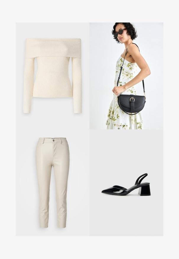 Off-the-shoulder, ribbed knit sweater in cream. Features long sleeves and a fitted silhouette, showcasing a soft texture and subtle sheen.; Beige faux leather pants with a slim fit, front pockets, and a button closure, featuring smooth texture and tapered legs.; Black patent leather slingback heels with a pointed toe and a geometric block heel. Features a sleek, minimal design and smooth texture.; Black leather handbag with a curved shape, detachable strap, and gold hardware. The bag features a flap with a buckle detail.
