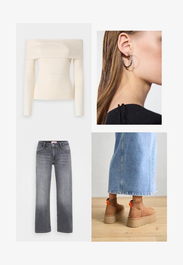 Sweater de malha canelada em creme, com cortes à mostra. Apresenta mangas longas e uma silhueta ajustada, destacando uma textura suave e um brilho subtil.; Jeans de ganga cinza com um design de perna reta, estilo de cinco bolsos, desbotamento subtil e fecho de botão na cintura.; Botas plataforma em camurça castanha com painéis laterais elásticos e puxadores laranja, combinadas com uma saia de ganga clara até ao joelho, em um chão de madeira.; Brinco de argola prateada com acabamento polido, apresentando pequenos detalhes em dourado e uma forma redonda, usado na orelha.