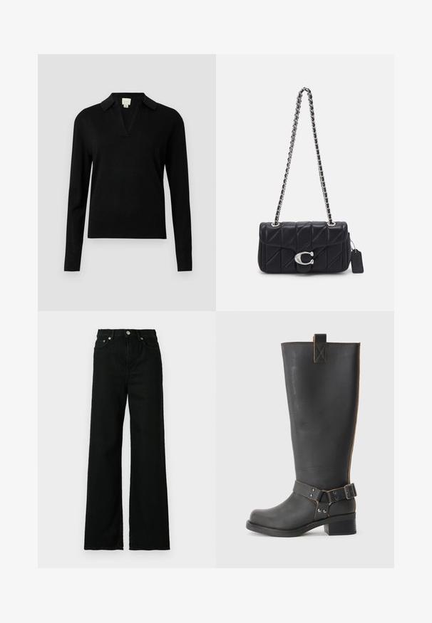Schwarzer Langarmpullover mit V-Ausschnitt und Kragen-Design. Aus einem weichen Material gefertigt, mit gerippten Bündchen und Saum für zusätzlichen Textur.; Schwarze Jeans aus Denim mit hoher Taille und weitem Bein, ausgestattet mit einem Vorderknopf und einem Reißverschluss, sowie einem klassischen Fünf-Taschen-Design.; Schwarze Leder-Stiefel bis zum Knie mit strukturiertem Finish, seitlichem Schnallenakzent und niedrigem Absatz. Detaillierte Steppnähte entlang der Nähte.; COACH TABBY SHOULDER BAG 20 WITH PILLOW QUILTING - Umhängetasche - black