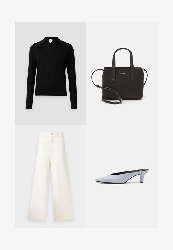 Crni pulover dugih rukava s V-izrezom i ovratnikom. Izrađen od mekog materijala, s rebrastim manžetama i rubom za dodatnu teksturu.; Hlače širokih nogavica u svijetloj bež pamučnoj tkanini. Imaju visoki struk, prednje džepove i ravni kroj. Čista obruba bez uzoraka.; Tamnoplava lakirana mule cipela s oštrim nosom, niskim prozirnim potpeticama i elegantnim dizajnom s izrezom na gornjem dijelu.; Crna torba s dva kratka ručka i uklonjivom naramenicom. Glatki materijal nalik koži s zatvaračem na zatvaranje i detaljem s logom.