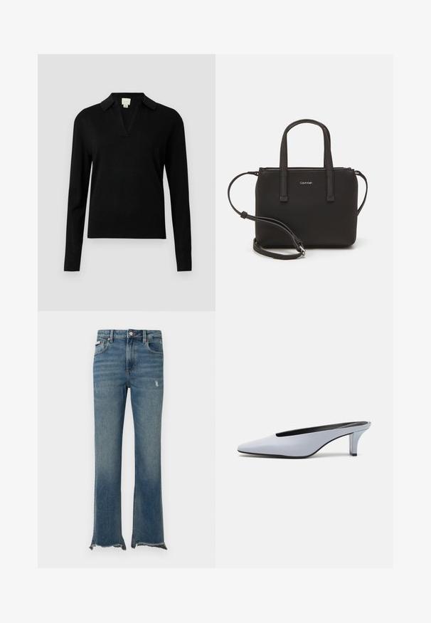 Crni pulover dugih rukava s V-izrezom i ovratnikom. Izrađen od mekog materijala, s rebrastim manžetama i rubom za dodatnu teksturu.; Plave traperice sa blagim oštećenjima, sirovim poderanim rubovima, prednjim džepovima, omčama za remen i zatvaračem na gumbe.; Tamnoplava lakirana mule cipela s oštrim nosom, niskim prozirnim potpeticama i elegantnim dizajnom s izrezom na gornjem dijelu.; Crna torba s dva kratka ručka i uklonjivom naramenicom. Glatki materijal nalik koži s zatvaračem na zatvaranje i detaljem s logom.