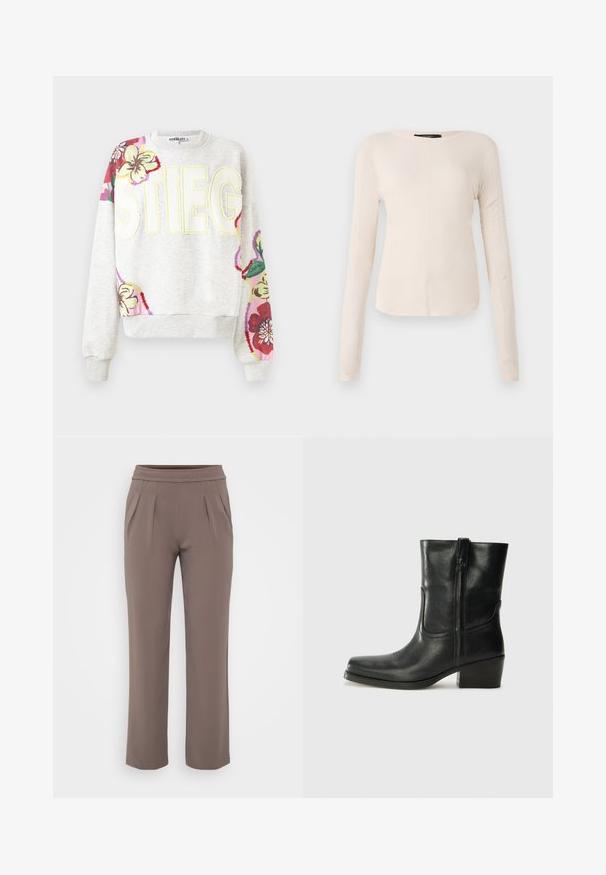 Grå sweatshirt med blommönsterbroderi på ärmarna. Har stora bokstäver "STIEG" i gult. Mjuk tyg, ribbade ärmslut och nederkant.; Långärmad, ljusbeige topp med rund halsringning. Tillverkad i mjukt material, har en central söm och något rundad nederkant. Inga synliga detaljer.; Taupe löst sittande byxor med elastisk midja och framfåll, gjorda av ett mjukt tyg.; Svart läderankelboot med rund tå, blockklack, sidodragkedja och sömmar på ovandelen. Slät textur, klassisk design.