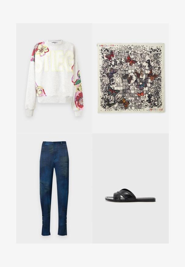 Szürke pulóver virágos hímzéssel az ujjakon. Jellemzője a „STIEG” felirat élénk sárgában. Puha anyagú, bordás mandzsettákkal és szegéllyel.; Kék és zöld mintás, Slim fit szabású nadrág, sima textúrával és díszítő gombokkal a bokán.; Fekete slideszandál sima bőrfelülettel, keresztbe futó pántokkal és kivágott részletekkel, valamint lapos, hajlékony talppal.; Négyzet alakú selyemsál, amelyen részletes pillangóillusztrációk láthatók különböző színekben világos háttéren, fekete körvonalakkal és dekoratív mintázattal.