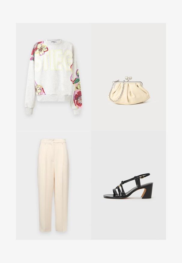 Pelēks sporta krekls ar ziedu izšuvumiem uz piedurknēm. Ar drosmīgām dzeltenām burtiem "STIEG". Mīksta auduma, ribotās rokas un apakšmali.; Beige pielāgotas bikses ar taisnu piegriezumu, priekšpusē ar krokām, gluda tekstūra un vidējas augstuma jostasvieta. Nav redzamu kabatu.; Paul Smith AMIRA - Klasiski papēži - black; Rūpīgi pleatota bežīga ādas somiņa ar sudraba metāla rāmi, kurai ir divas apaļas dekoratīvas sprādzes un sudraba ķēdes siksna.