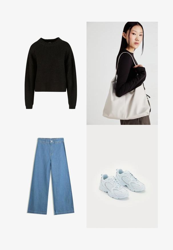 Black knitted sweater with a ribbed texture, round neckline, and long sleeves. Cropped design with a loose fit. No visible patterns or hardware.; Light blue wide-leg jeans made of denim, featuring a button closure, belt loops, and subtle stitching details.; Light blue athletic shoes with a mesh and synthetic upper, featuring white polka dots and reflective accents, lace-up design, and cushioned soles.; Beige handbag made of soft material, featuring a slouchy design, stitched detailing, and two shoulder straps. Suitable for everyday use.