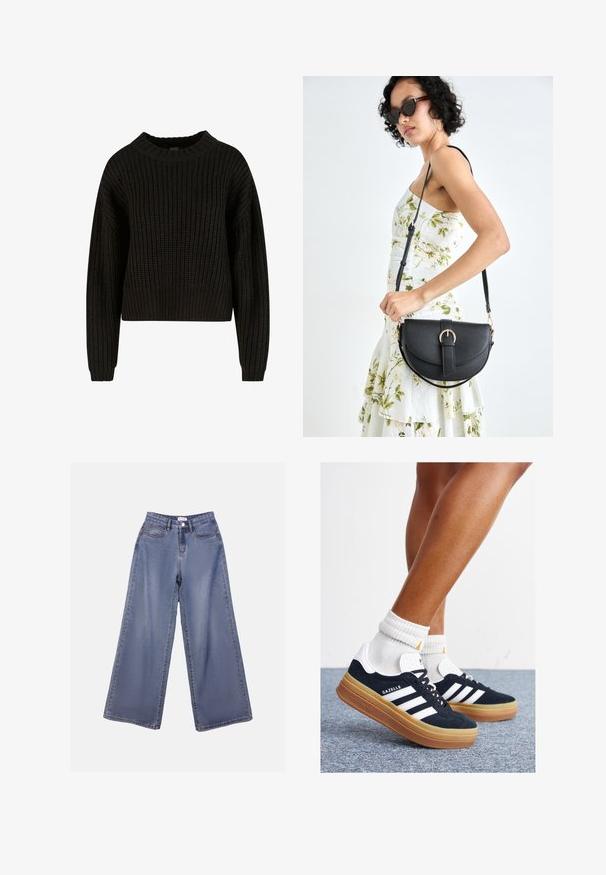 Schwarzer, gestrickter Pullover mit Rippenstruktur, rundem Halsausschnitt und langen Ärmeln. Verkürztes Design mit lockerer Passform. Keine sichtbaren Muster oder Hardware.; Weite Denim-Jeans in einer hellblauen Wäsche, mit hoher Taille, Fronttaschen und einem Knopfverschluss mit Gürtelschlaufen.; Schwarze Wildledersneaker mit weißen Streifen und Akzenten, rundlicher Zehenbereich, Sohlen aus braunem Gummi, kombiniert mit weißen, gerippten Sneakersocken.; Schwarze Lederhandtasche mit geschwungener Form, abnehmbarem Tragegurt und goldenen Beschlägen. Die Tasche verfügt über einen Deckel mit einer Schnallen-Details.