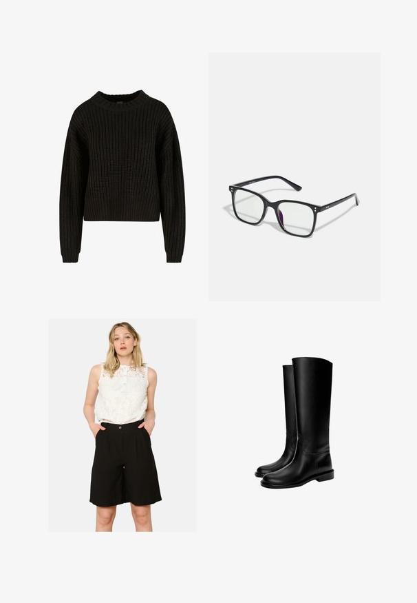 Schwarzer, gestrickter Pullover mit Rippenstruktur, rundem Halsausschnitt und langen Ärmeln. Verkürztes Design mit lockerer Passform. Keine sichtbaren Muster oder Hardware.; Weiße Spitzentop ohne Ärmel mit Knopfkragen, kombiniert mit hochgeschnittenen schwarzen Shorts mit seitlichen Taschen und lockerer Passform.; Schwarze knielange Lederstiefel mit glatter Textur, runder Zehenform, flacher Sohle und minimalistischem Design, mit genähten Nähten und ohne sichtbare Beschläge.; Schwarze rechteckige Brille mit klaren Gläsern, die goldene Akzente im Rahmen aufweist und einen leichten lila Schimmer auf einem der Gläser hat.; Schwarze, glatte Leder Schultertasche mit abgerundetem Deckel, einem einzigen Trageriemen, Reißverschlussverschluss und kleinem silbernen Logo-Emblem in der Mitte vorne.