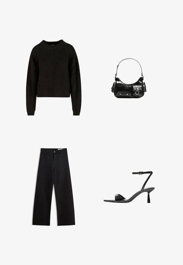 Čierny pletený sveter s rebrovanou textúrou, okrúhlym výstrihom a dlhými rukávmi. Skrátený strih s voľným strihom. Bez viditeľných vzorov alebo hardvéru.; Čierne denimové nohavice s širokými nohavicami a vysokým pásom, so prednými a zadnými vreckami, šitými švami a zapínaním na gombík. Hladká textúra.; Bershka Sandále na vysokom opätku - black; Čierna laková kožená kabelka s ohnutým tvarom, jedným ramenným popruhom, prednými vreckami a striebornými kovovými doplnkami.
