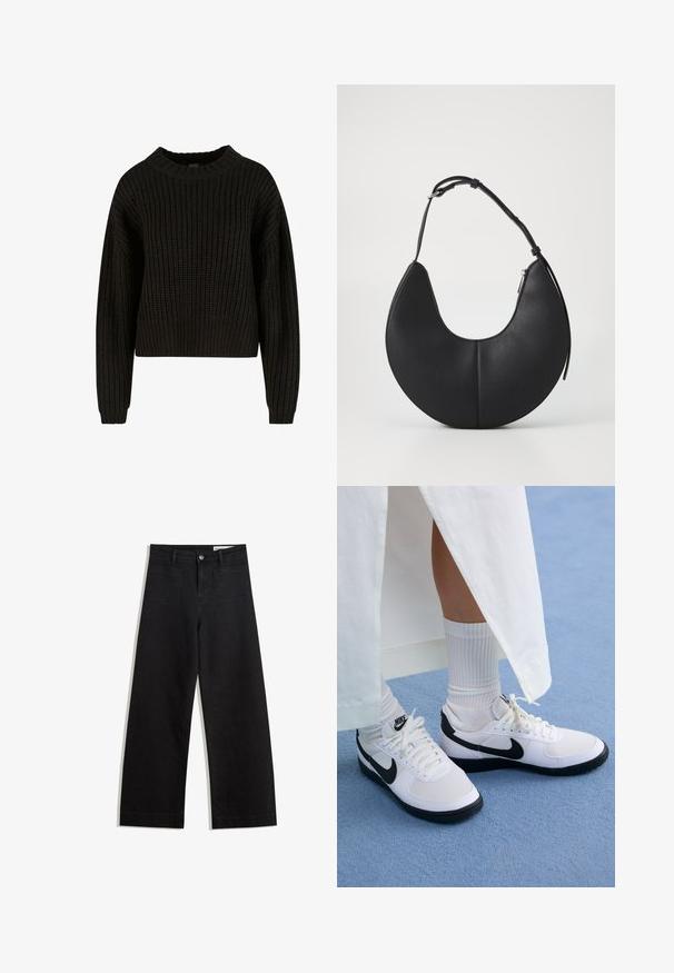 Black knitted sweater with a ribbed texture, round neckline, and long sleeves. Cropped design with a loose fit. No visible patterns or hardware.; Black wide-leg denim pants with a high waist, featuring front and back pockets, stitched seams, and a button closure. Smooth texture.; White Nike sneakers with black accents, featuring a smooth leather upper, white laces, and sturdy rubber outsoles, paired with white ribbed socks.; Black leather handbag in a crescent shape with a smooth texture, a single adjustable strap, and a zip closure on the side.