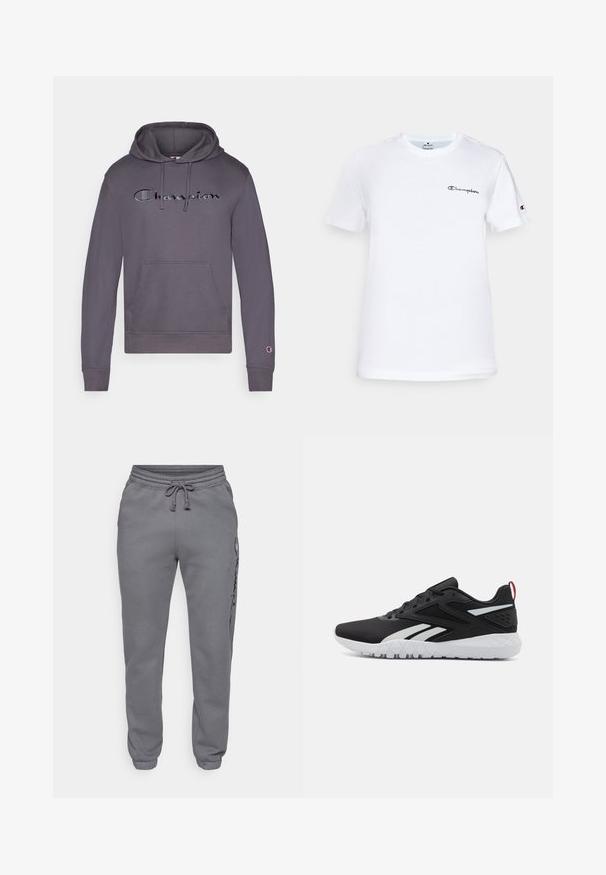 Pelēks kapučinš ar saistošu kapuci, kuram priekšpusē ir liels melns "Champion" logo un kangaroo kabata. Cimdi ir ar elastīgām piedurknēm.; Balta kokvilnas T-krekls ar apaļu kakla izgriezumu, īsām piedurknēm un melnu izšūtu "Champion" logo uz krūšu un piedurknes akcenta.; Champion ICONS TONAL CUFF LARGE LOGO - Treniņtērpa apakšdaļas - foggy; Melnas sporta apavas ar aizsargājošu sietu augšējo daļu, baltām akcentiem, strukturētu zoli un sarkanu papēža cilpu papildu detaļām.