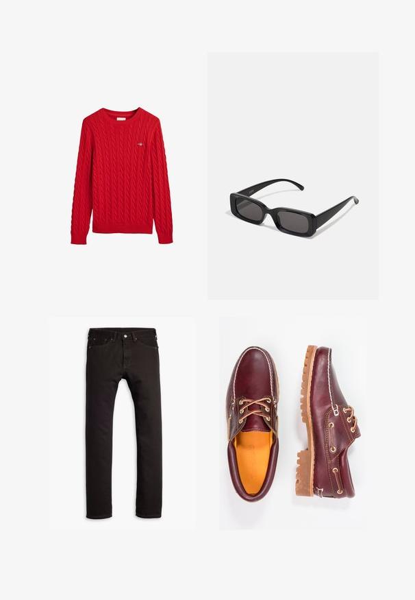 Suéter de punto rojo con cuello redondo, puños y dobladillo acanalados. Presenta un pequeño logo en el pecho. Confeccionado en una tela texturizada.; Pantalones vaqueros negros de corte slim con cinco bolsillos y cierre de botón, mostrados de forma plana sobre un fondo blanco.; Zapatos de cuero burdeos con suelas de goma marrón, puntera redonda, costuras blancas y ojales dorados. El interior cuenta con un forro amarillo.; Gafas de sol rectangulares negras con lentes oscuros, acabado brillante, patillas anchas y un diseño de marco robusto. Nombre de la marca grabado en una de las patillas.