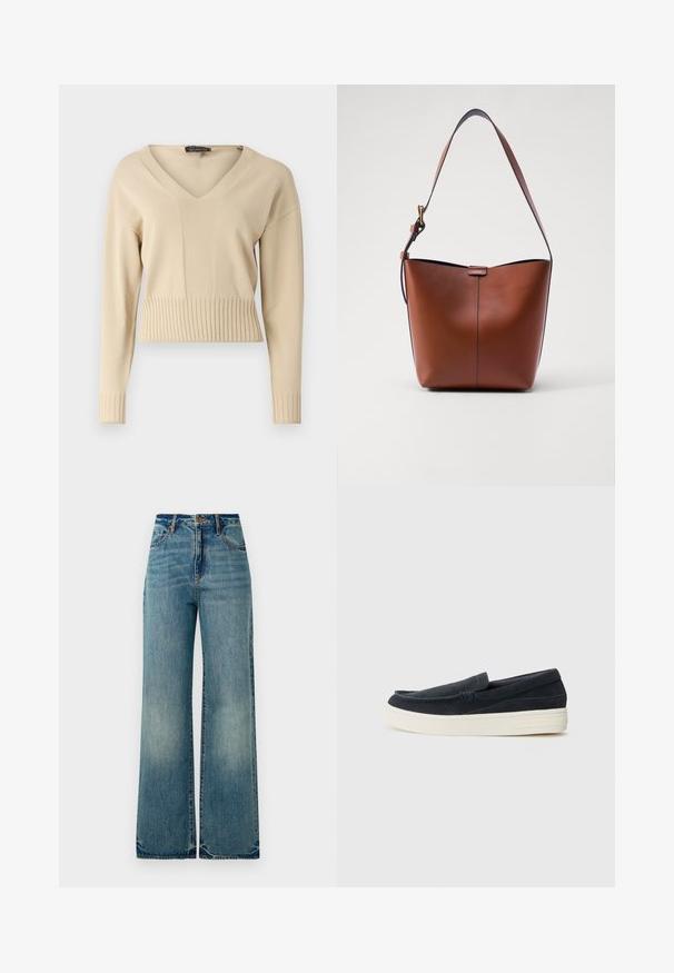 Beige neulepusero, jossa on V-kaula-aukko, pitkät hihat sekä joustavat helma ja hihansuut. Kankaan pinta on sileä.; Vaaleansiniset farkut, joissa on leveä lahje ja korkea vyötärö, viisi taskua ja hieman risaiset lahkeet, esittelevät tekstuuria ja haalistunutta pintaa.; Navy kankaan liukusukat, joissa on pyöreä moni, vaaleanvalkoinen kumipohja ja vähäiset ommellsukkapistot saumoissa.; Kahvinahkainen olkalaukku, jossa on kaareva muoto, sileä pinta ja yksi ohut hihna. Sisältää hienovaraisen sauman ja pienen logotarkin.